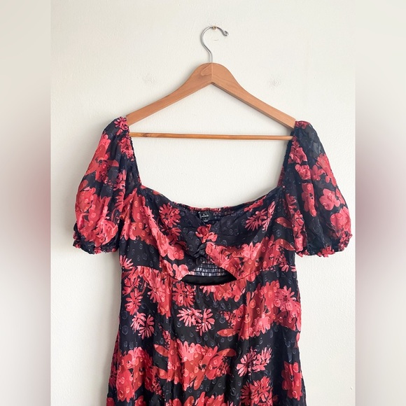 Lulus Red Black Floral Midi Puff Sleeve Dress Dark Romantic Cocktail Sheer L - Picture 9 of 10